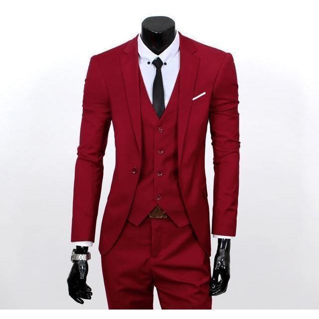 Men's Red One Button Slim Fit Suit - Three Piece