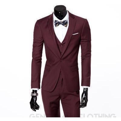 Men's Wine One Button Slim Fit Suit - Three Piece