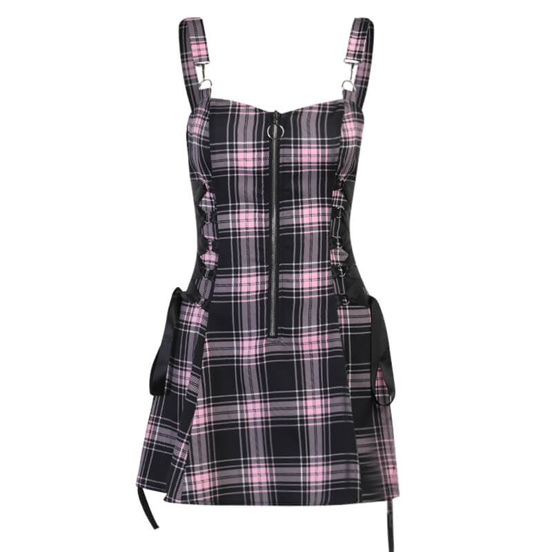 Plaid Zipper Polyester Cami Dress