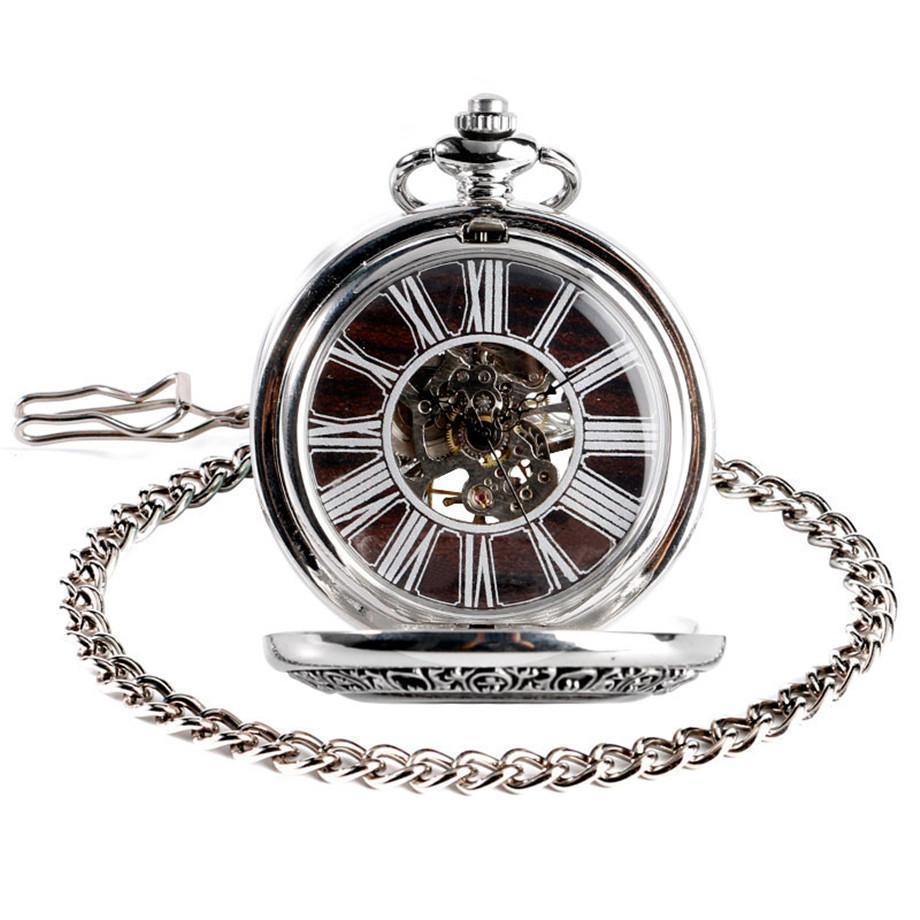 Silver Wooden Mechanical Hand Wind Pocket Watch