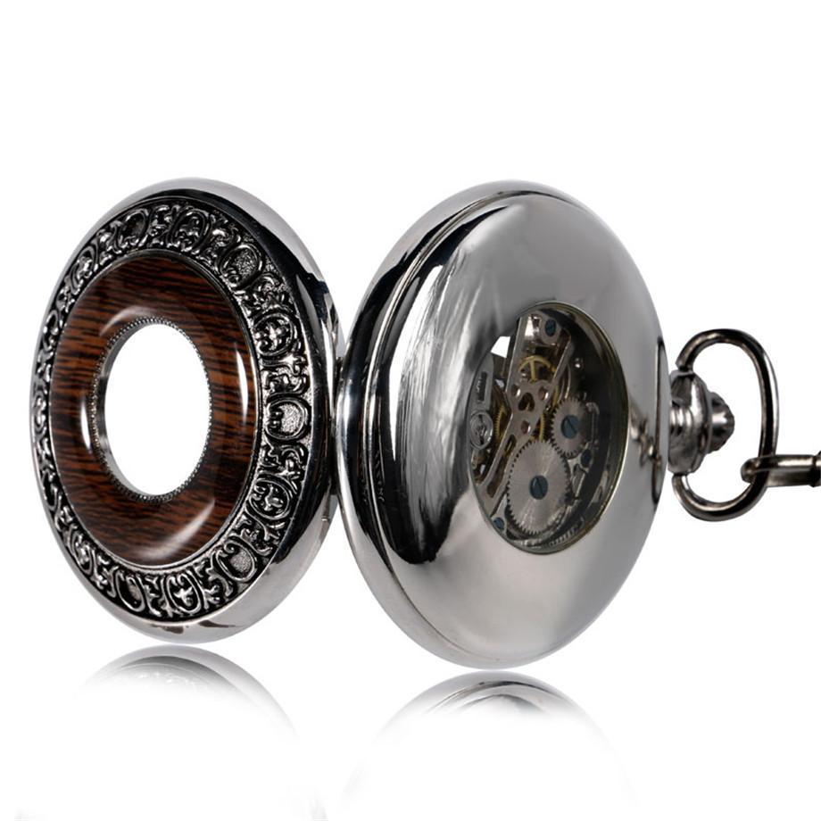 Silver Wooden Mechanical Hand Wind Pocket Watch