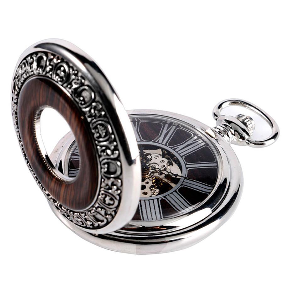 Silver Wooden Mechanical Hand Wind Pocket Watch