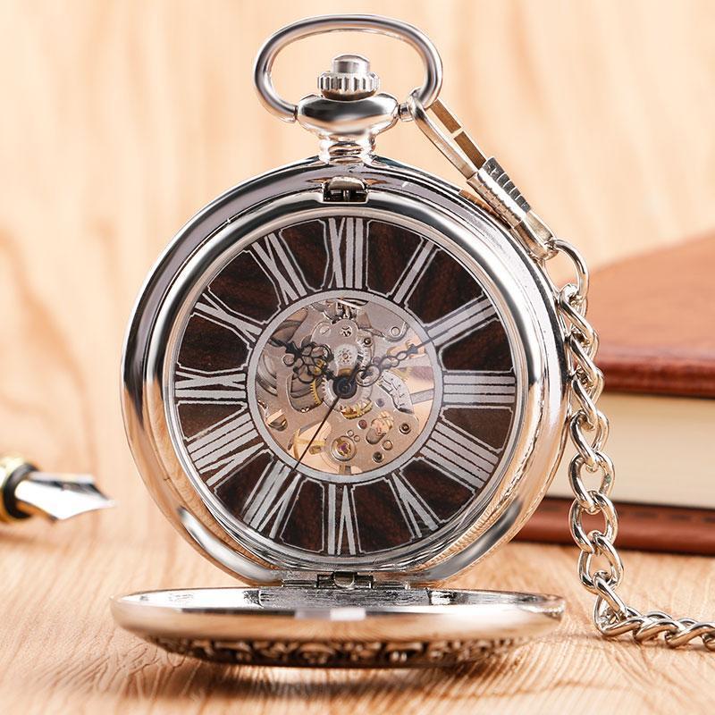 Silver Wooden Mechanical Hand Wind Pocket Watch