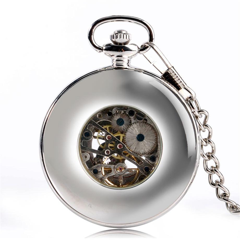 Silver Wooden Mechanical Hand Wind Pocket Watch