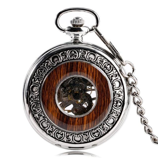 Silver Wooden Mechanical Hand Wind Pocket Watch