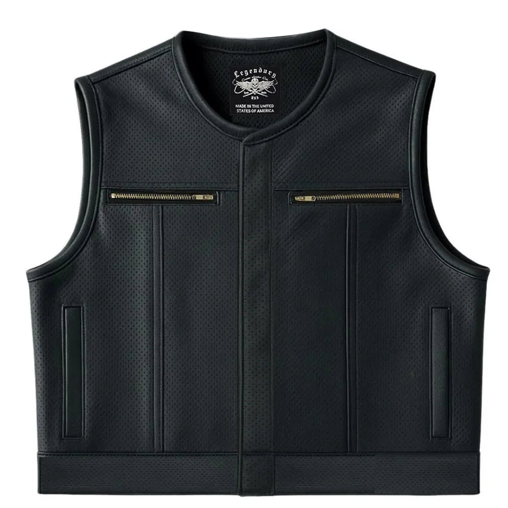 Legendary LowLife Z Perforated Black Cropped Fitted Leather Club Style Motorcycle Vest