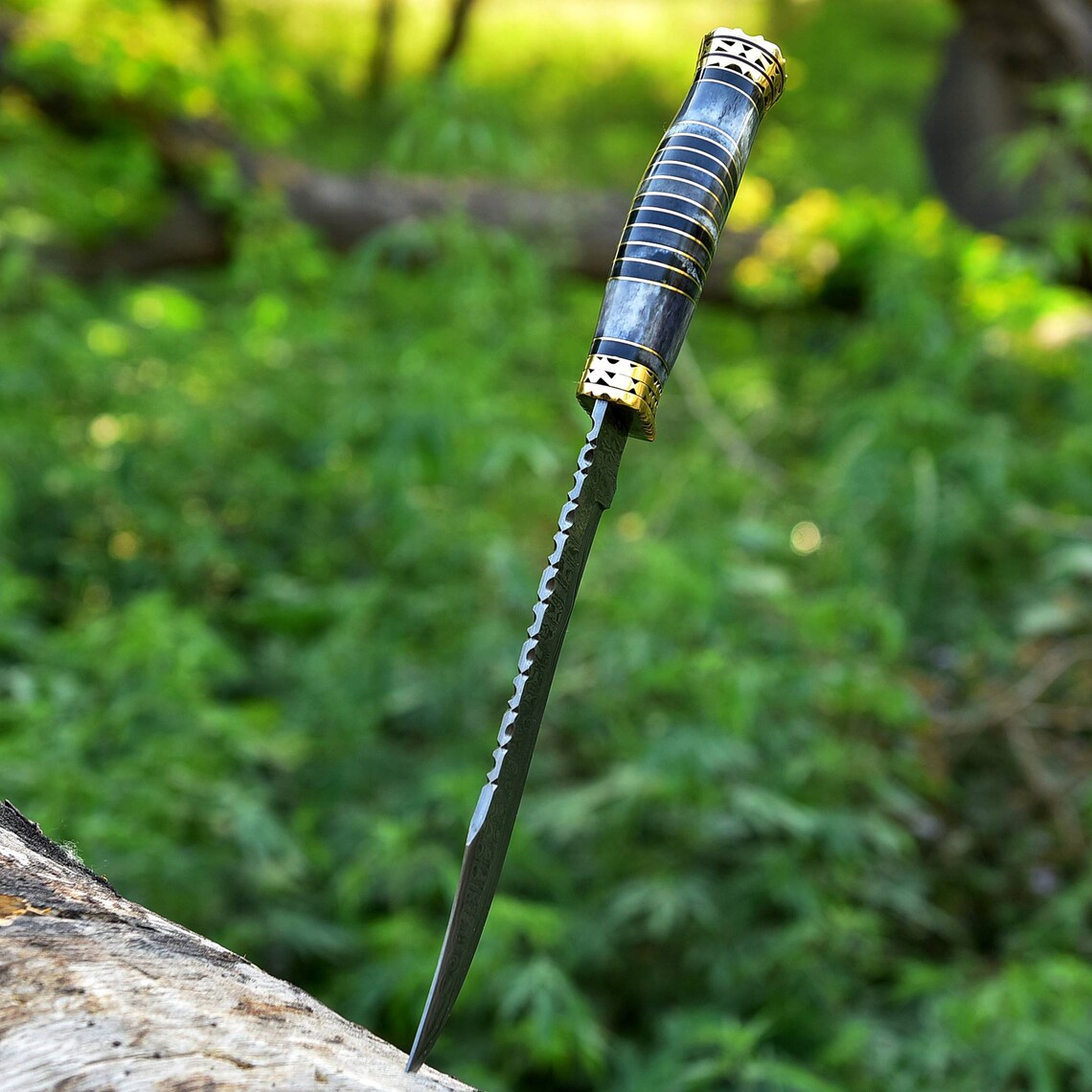 Vintage Original Damascus Steel Bowie Knife – 13" with Brass Guard and Camel Bone Handle