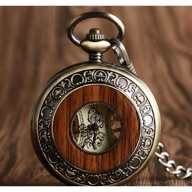 Wooden Mechanical Hand Wind Pocket Watch