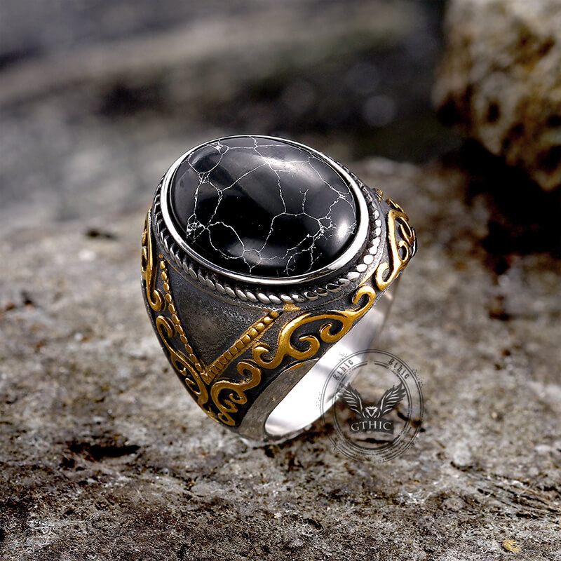 Black Crack Turquoise Patterned Stainless Steel Ring