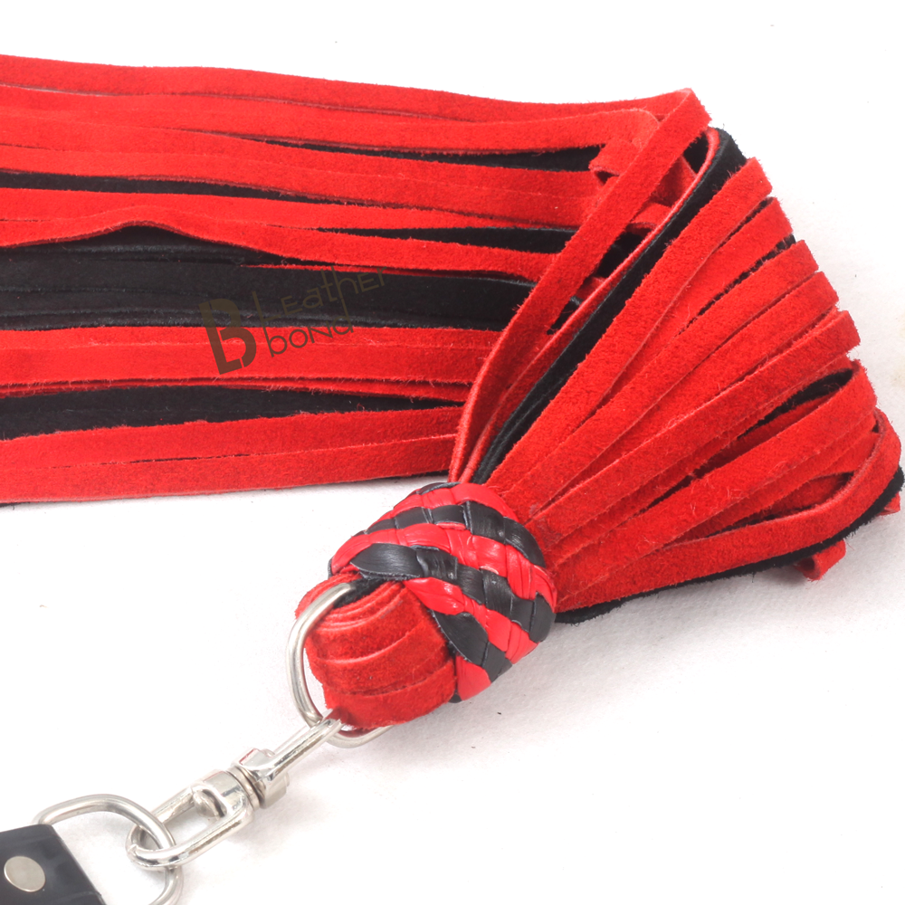 ❤️🖤 Real Genuine Cowhide Suede Leather Finger Flogger – 50 Falls Red & Black Heavy Duty Thuddy Flog Whip
