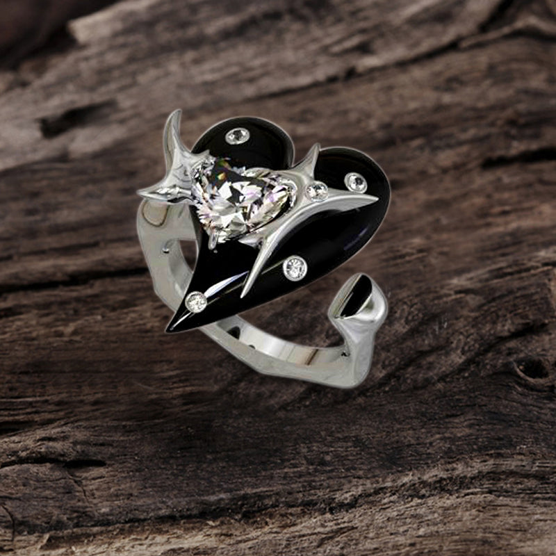 Double Heart Zircon Stainless Steel Open Ring