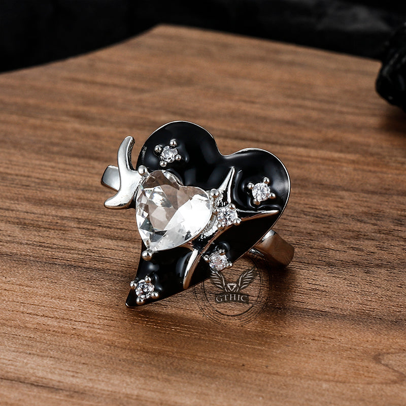 Double Heart Zircon Stainless Steel Open Ring