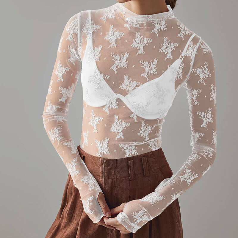 Floral Embroidery Mesh Sheer Long Sleeve T-shirt