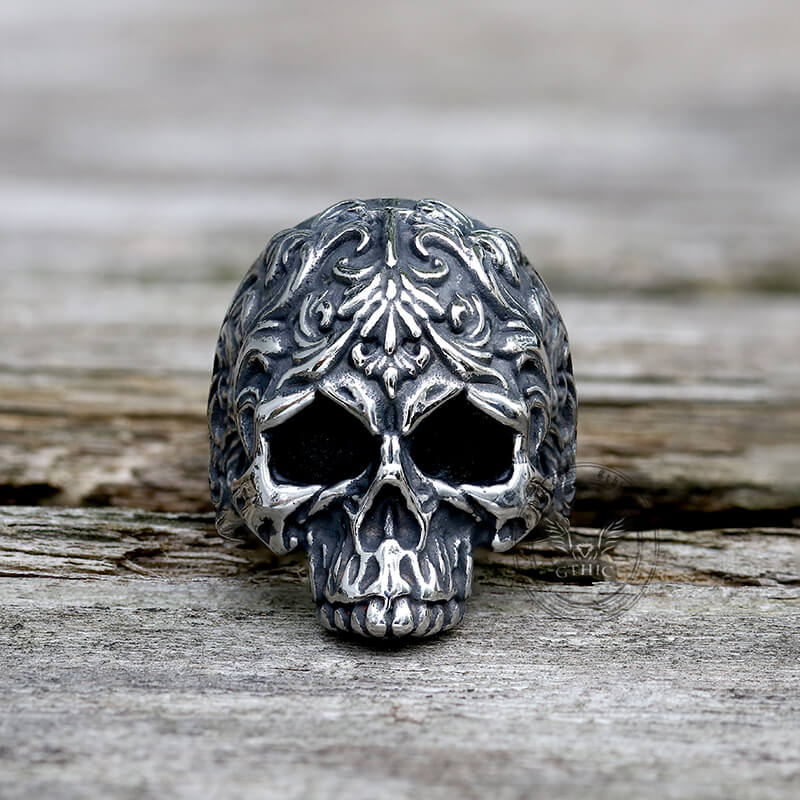 Floral Pattern Skull Head Stainless Steel Ring
