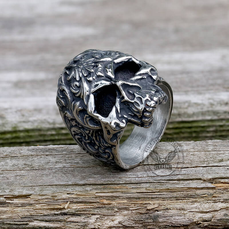 Floral Pattern Skull Head Stainless Steel Ring