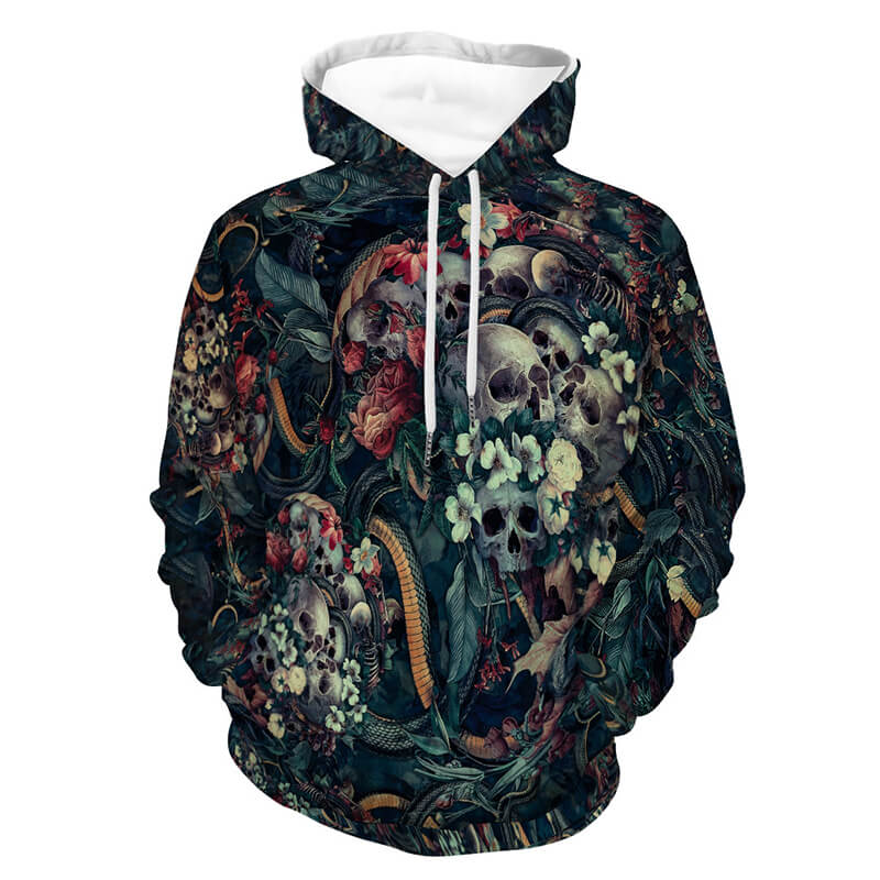 Flower Skull Snake Print Polyester Pullover Hoodie