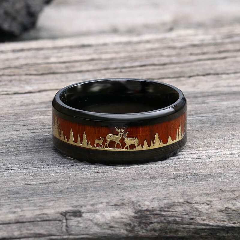 Forest Elk Wood Texture Stainless Steel Band Ring