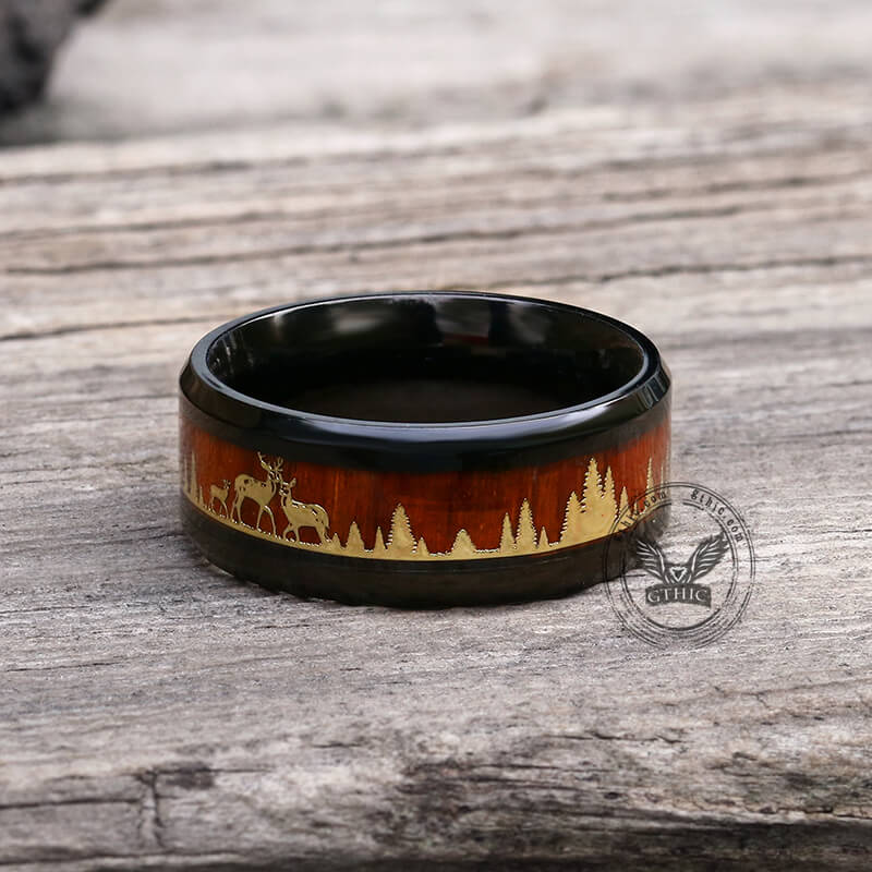Forest Elk Wood Texture Stainless Steel Band Ring