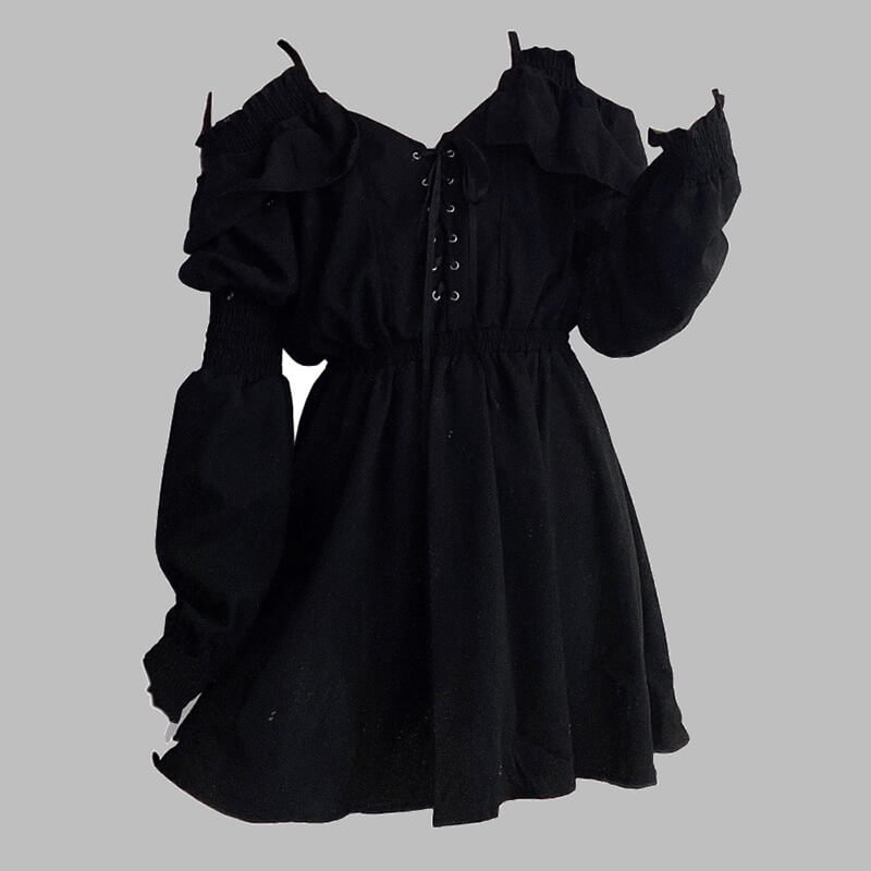 Gothic Black Off-Shoulder Lace Up Mini Dress