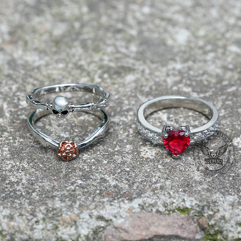 Gothic Heart Zircon Skull Brass Ring