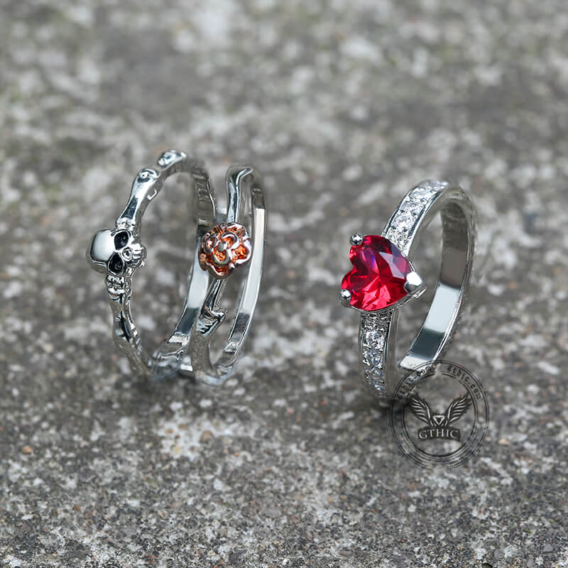 Gothic Heart Zircon Skull Brass Ring