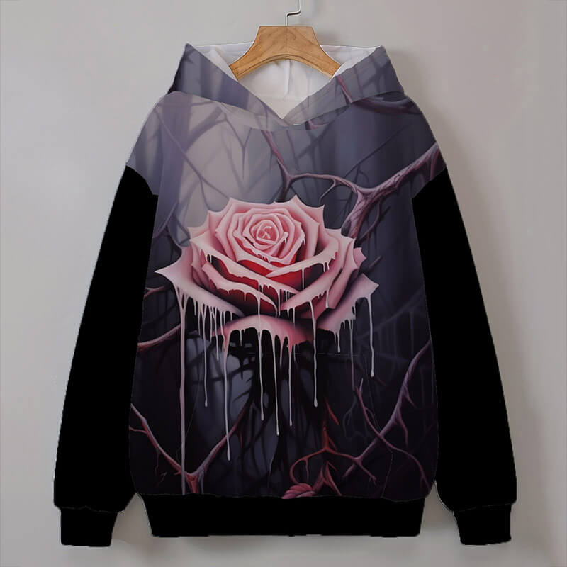 Gothic Pink Dripping Rose Cotton Blend Hoodie