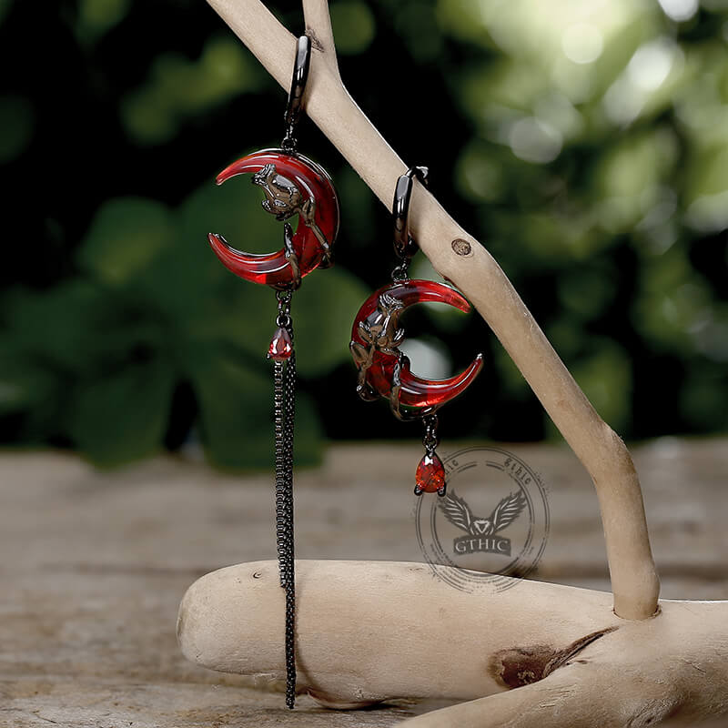 Gothic Red Moon Rose Alloy Earrings