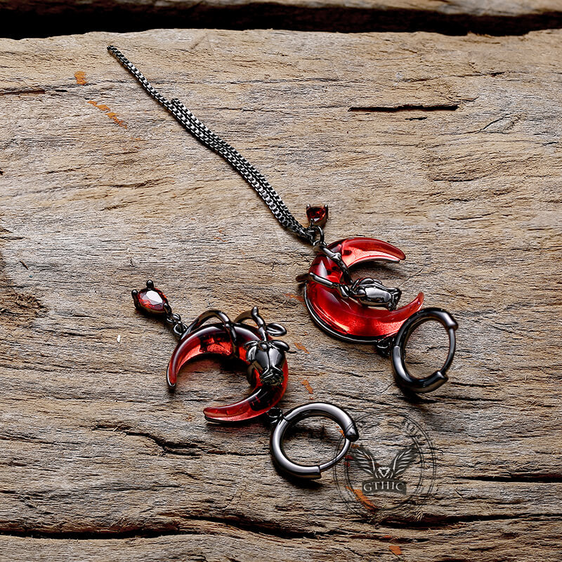 Gothic Red Moon Rose Alloy Earrings