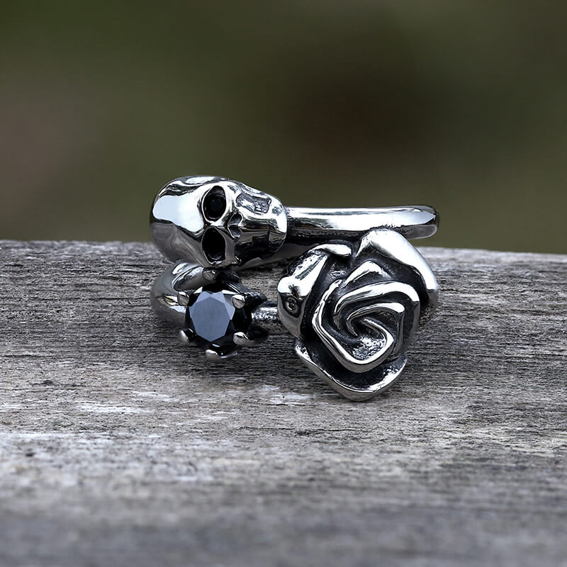 Gothic Rose Skull Stainless Steel Ring