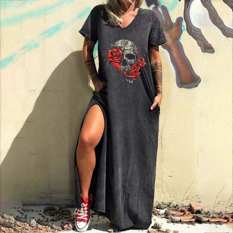 Gothic Skull Print V-neck Women’s Casual Dress