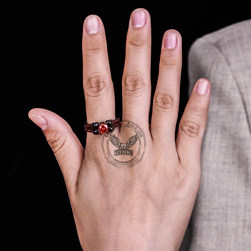 Gothic Skulls Red Zircon Brass Ring