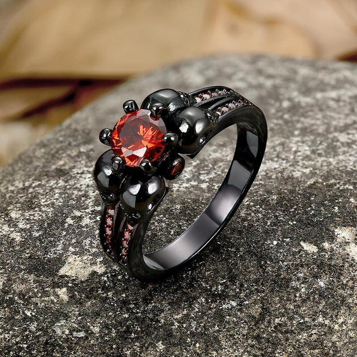 Gothic Skulls Red Zircon Brass Ring