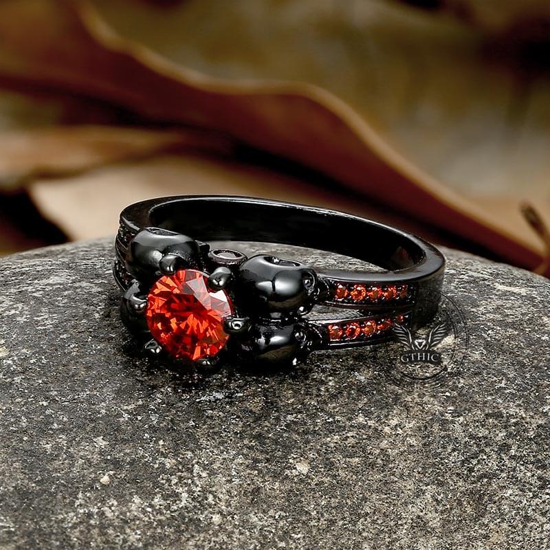 Gothic Skulls Red Zircon Brass Ring