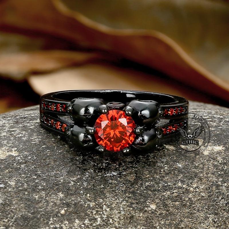 Gothic Skulls Red Zircon Brass Ring