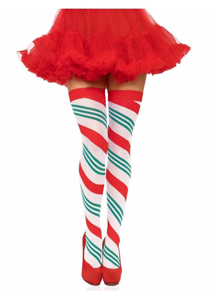 Candy Cane Striped Thigh High Stockings