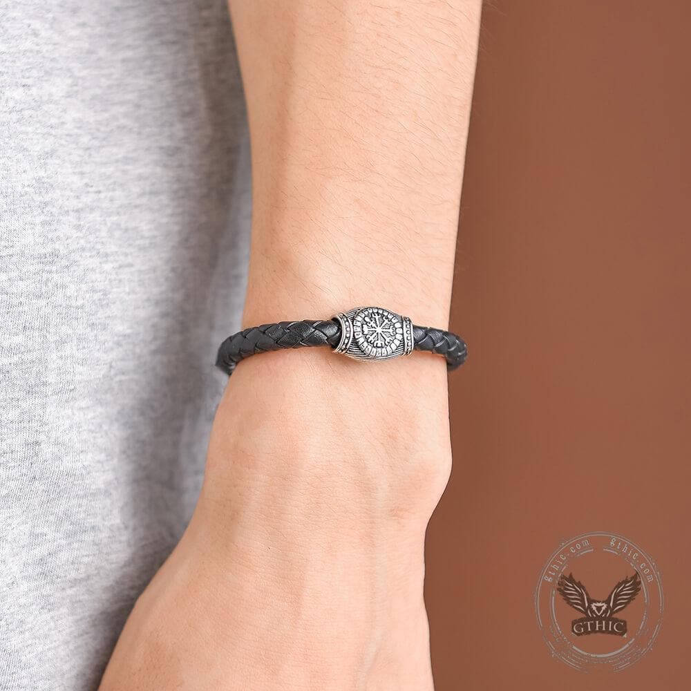 Icelandic Magic Symbol Stainless Steel Leather Bracelet