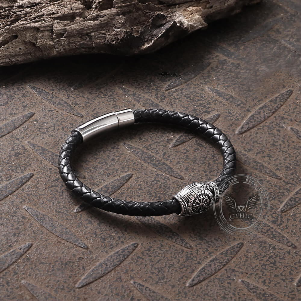 Icelandic Magic Symbol Stainless Steel Leather Bracelet