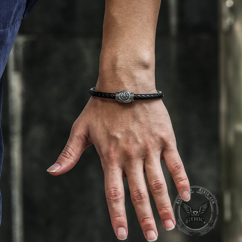 Icelandic Magic Symbol Stainless Steel Leather Bracelet