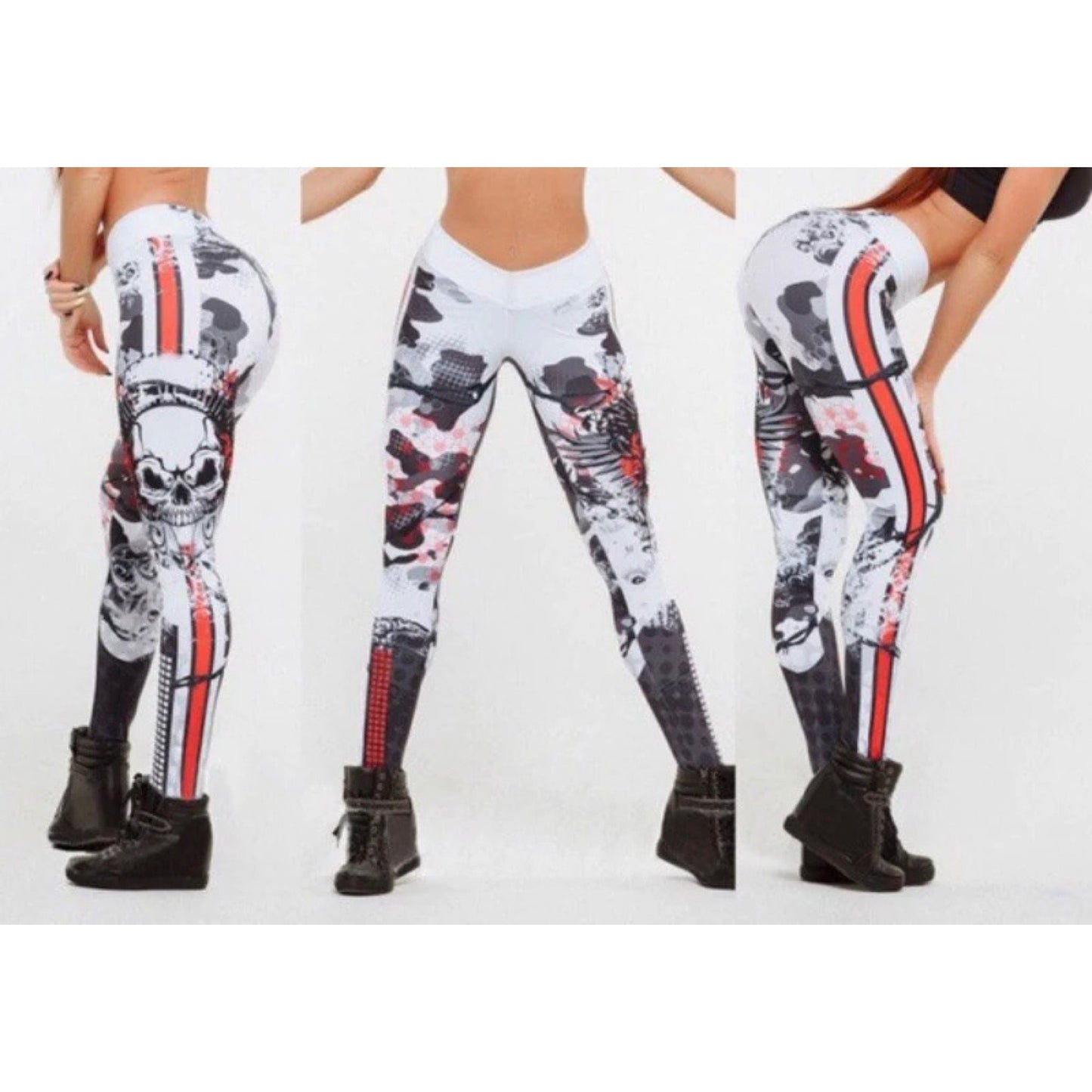 Skull Red Stripe Abstract Print Leggings | Yoga Pants | Dark Gothic Stretchy
