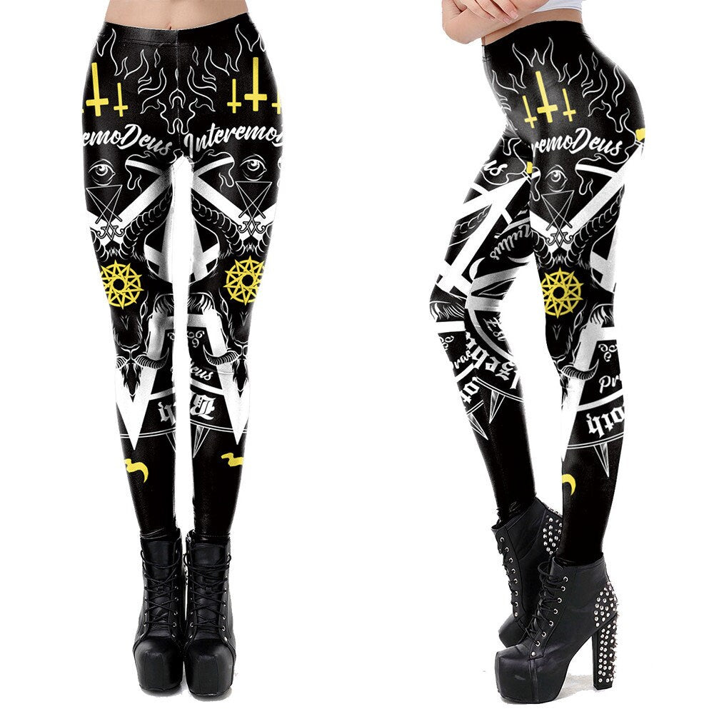 Occult Pentagram Print Leggings | Yoga Pants | Dark Skull Stretchy