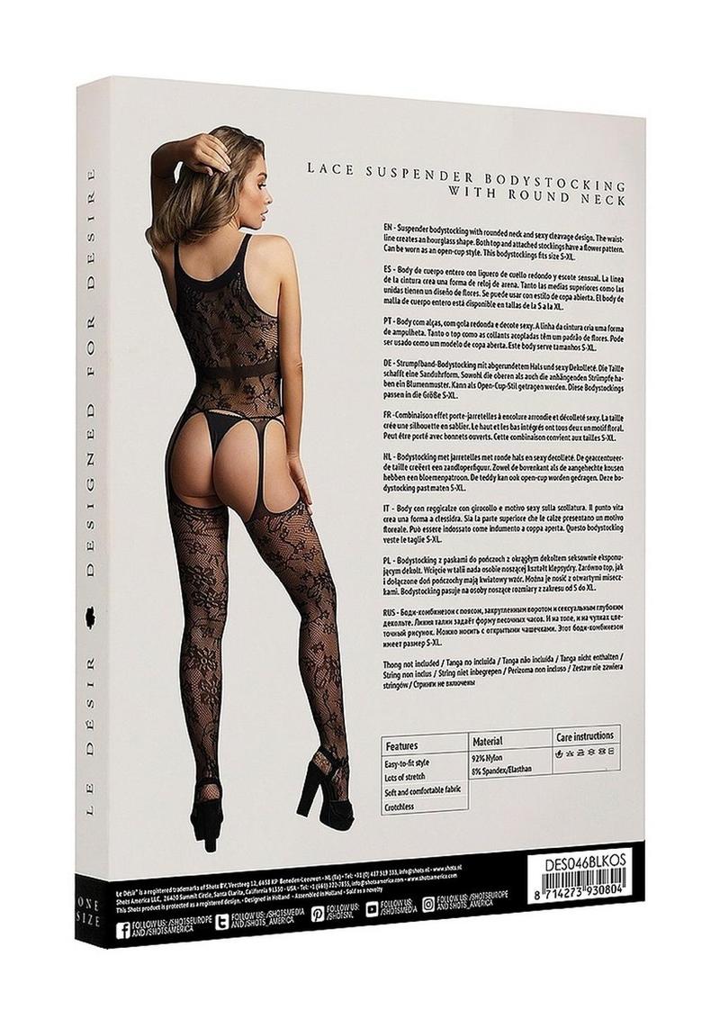 Le Désir Black Lace Suspender Bodystocking with Round Neck