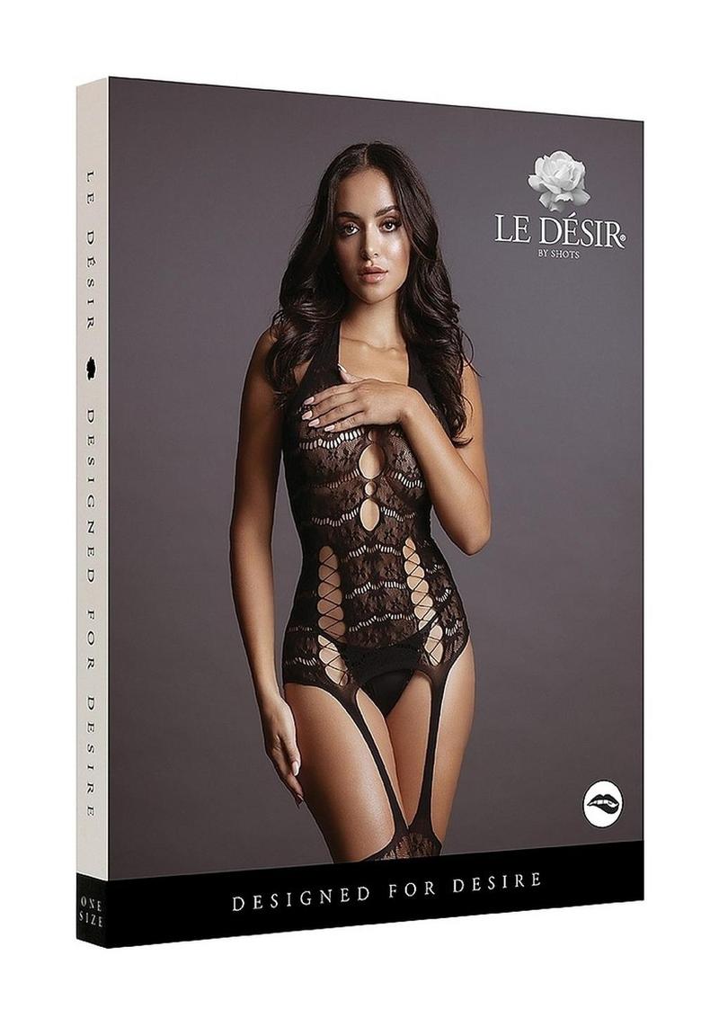 Le Desire Lace Suspender Bodystocking - Black
