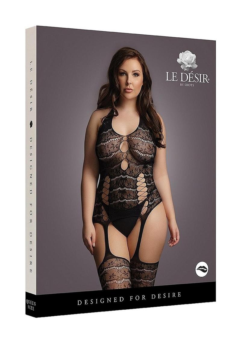Le Desire Lace Suspender Bodystocking - Black