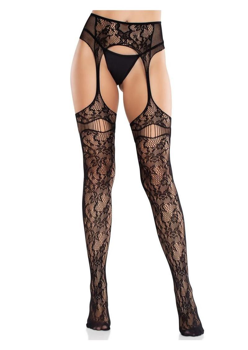 Leg Avenue Bloom Net Stock Cut-Out Thigh Detail & Attach Garter Belt