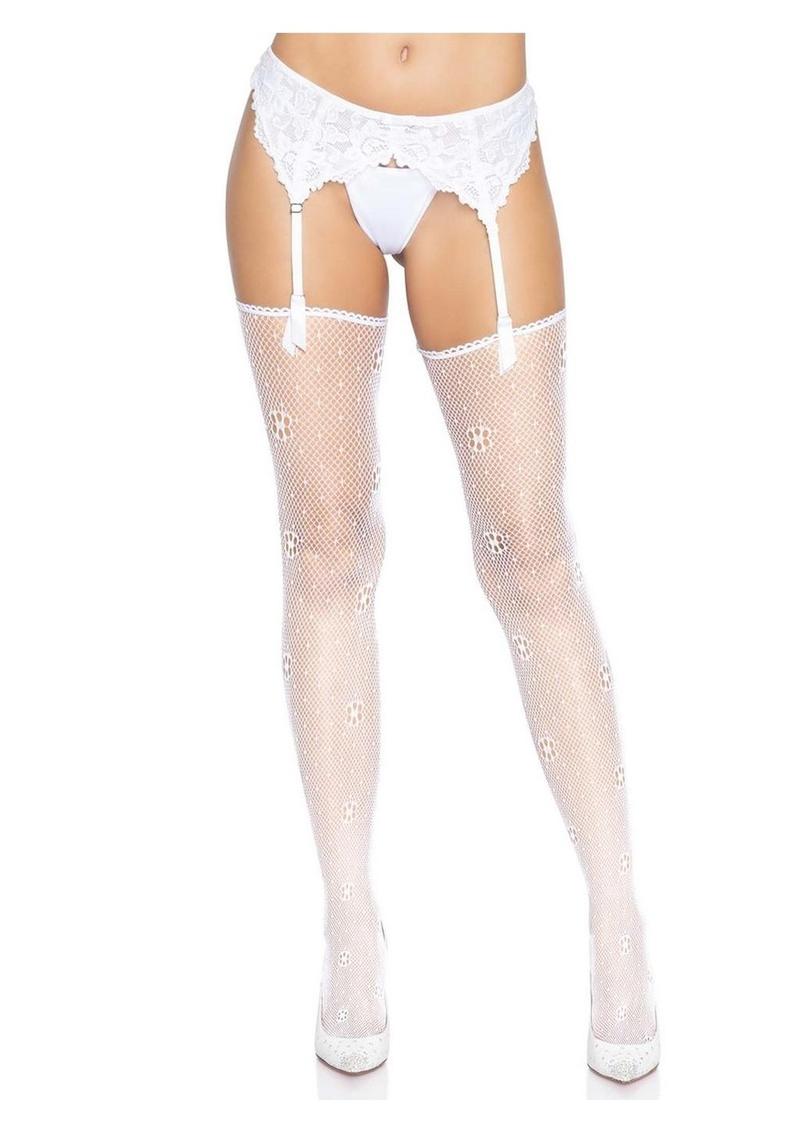 Daisy Dot Fishnet Stockings With Scalloped Top
