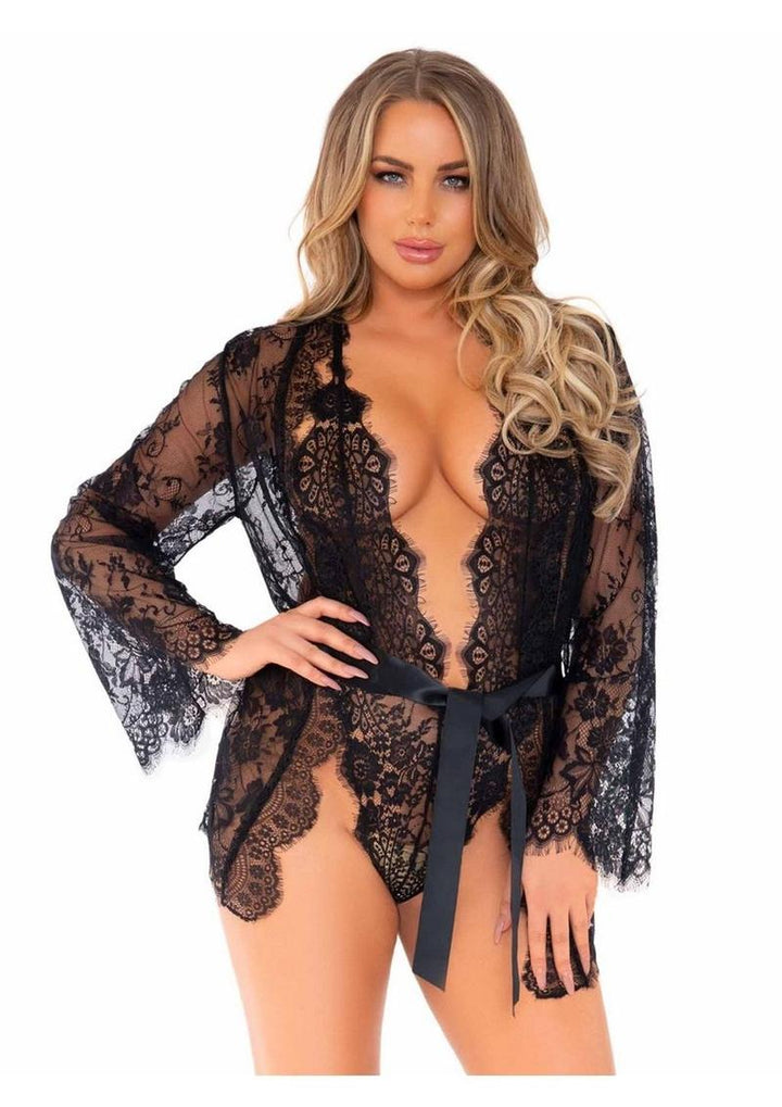 Floral Lace Teddy with Adjustable Straps and Satin Tie