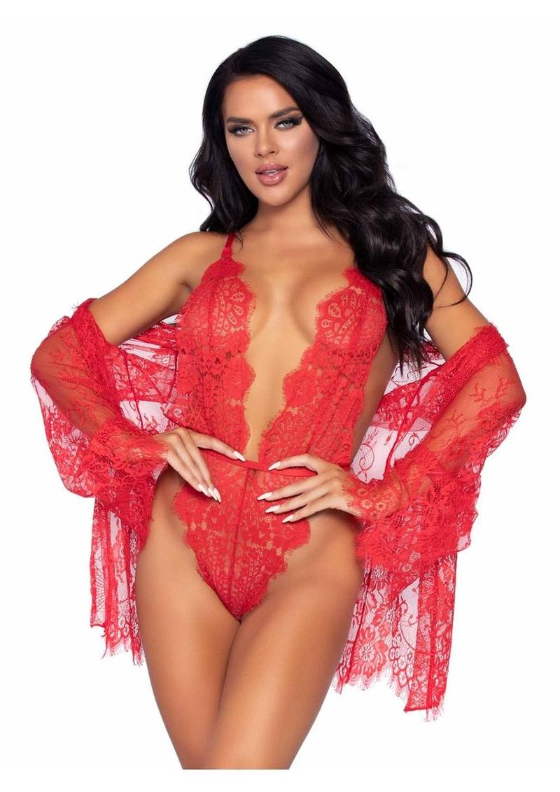 Floral Lace Teddy with Adjustable Straps and Satin Tie