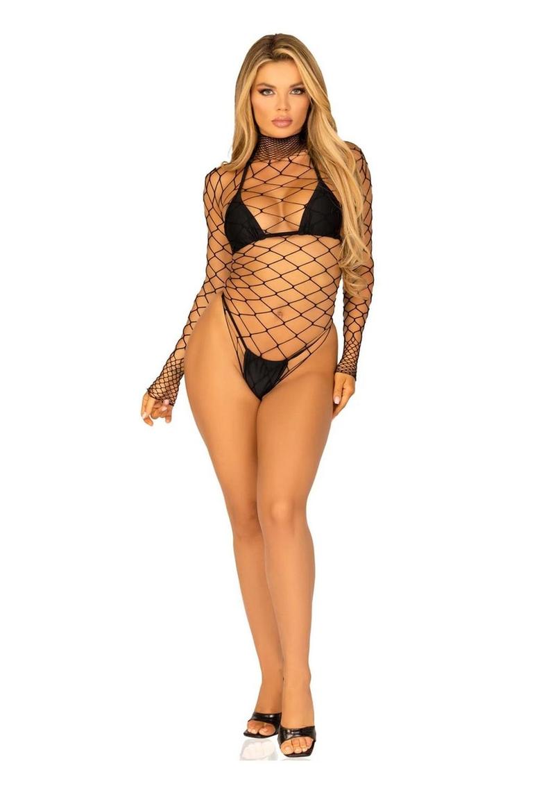 Leg Avenue High Neck Fence Net Long-Sleeved Bodysuit