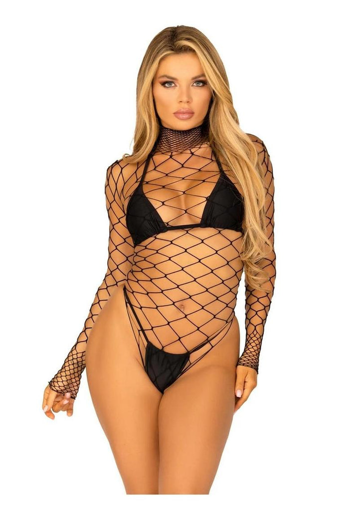 Leg Avenue High Neck Fence Net Long-Sleeved Bodysuit