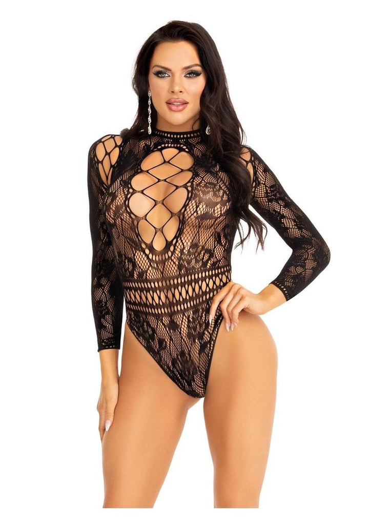 High Neck Black Lace & Net Bodysuit With Keyhole Detail